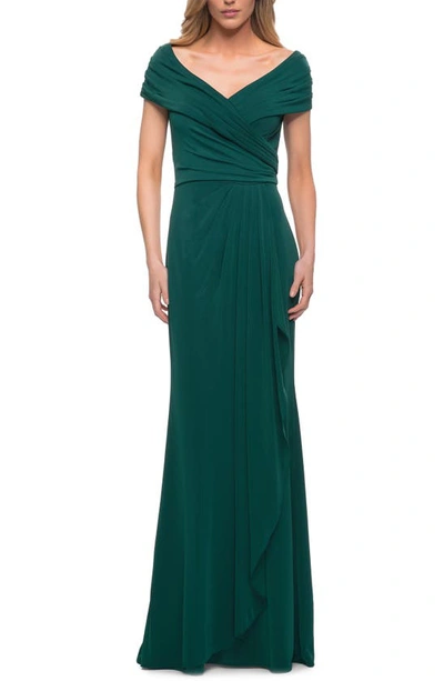 La Femme Ruched Jersey Column Gown In Emerald
