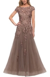 La Femme Embellished Mesh A-line Gown In Cocoa