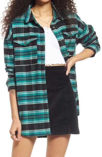 Bp. Lauren Herringbone Flannel Shirt Jacket In Green- Black Holiday Tartan