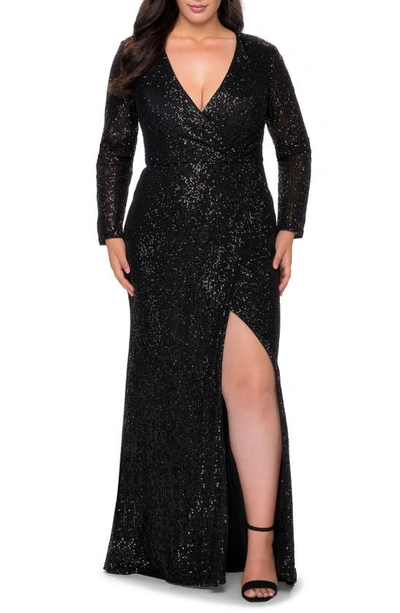 La Femme Long Sleeve Sequin Dress In Black