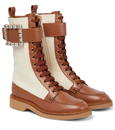 Roger Vivier Viv' Rangers Leather Ankle Boots In Bianco Marmo+cognac Sc.