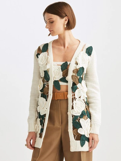 Oscar De La Renta Magnolias Crochet Cotton Cardigan In Ivory