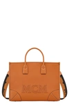 Mcm Large Logo Leather Tote Bag In Cognac