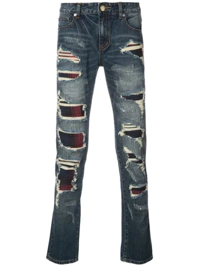 God's Masterful Children Plaid Panel Distressed Jeans In Blue