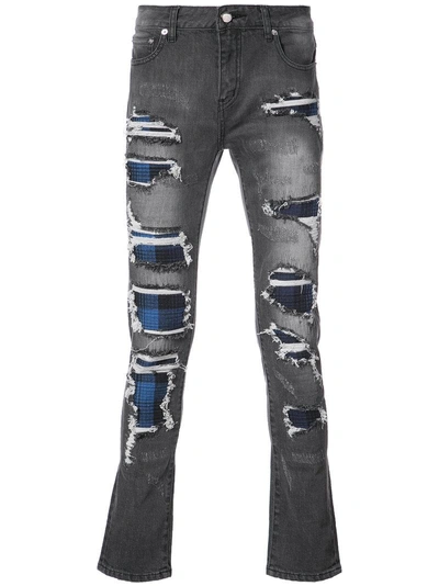 God's Masterful Children Strati Plaid Panel Distressed Jeans In Grey