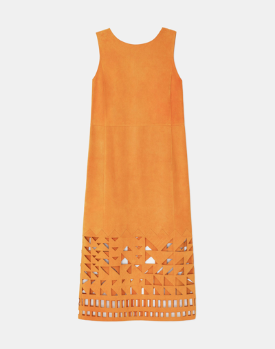 Lafayette 148 Patchwork Laser-cut Calfskin Suede Midi Dress In Orange