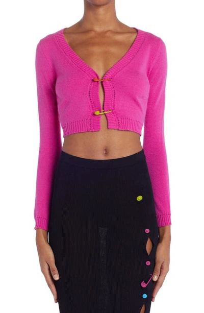 Versace Safety Pin-embellished Fine-ribbed Cardigan In Pink