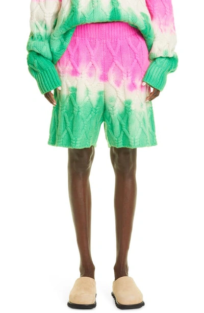 The Elder Statesman Unisex Dip Dye Cable Knit Cashmere Shorts In Ivory W/ Electric Pink/ Gecko