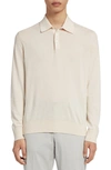 Zegna Cotton & Cashmere Long Sleeve Polo Shirt In Nat Sld