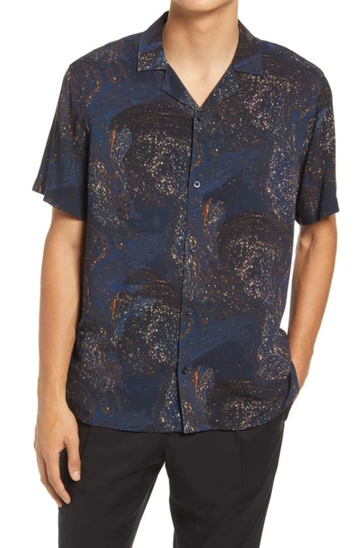 Open Edit Galaxy Print Short Sleeve Button-up Shirt In Navy- Multi Galaxy