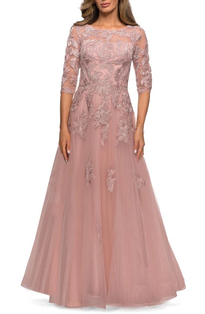 La Femme Embellished Lace A-line Gown In Dark Blush