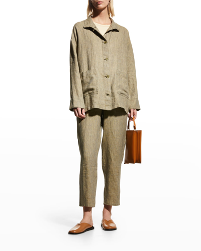 Eileen Fisher Washed Organic Linen Delave Long Jacket In Tarragon ...
