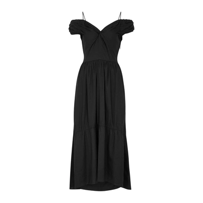 Vince Cold-shoulder Twist-front Linen-blend Midi Dress In Black