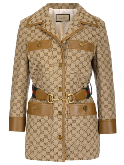 Gucci Gg Canvas Jacket With Web Belt In Beige