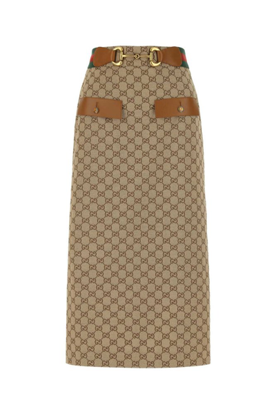 Gucci Gg-jacquard Horsebit Cotton-blend Midi Skirt In Beige