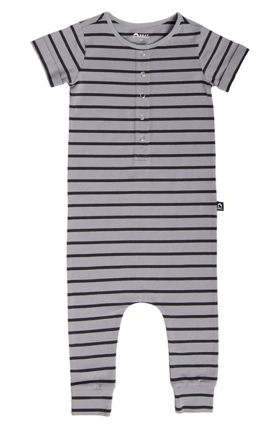 Rags To Raches Essentials Rolled Short Sleeve Henley Romper In Quarry Stripe