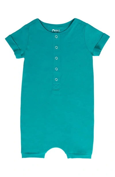 Rags To Raches Essentials Rolled Short Sleeve Henley Romper In Teal