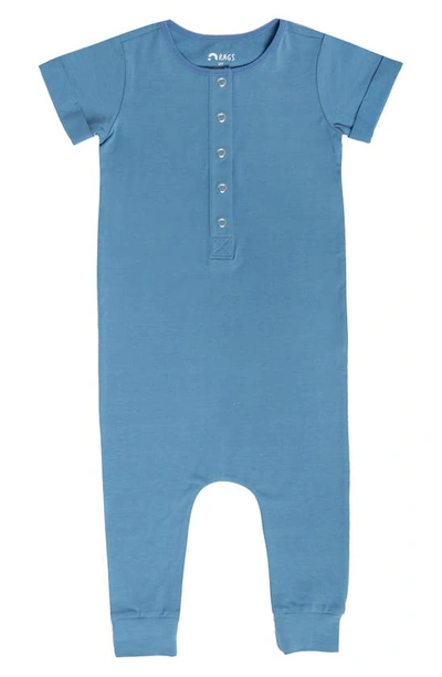 Rags To Raches Essentials Rolled Short Sleeve Henley Romper In Parisian Blue