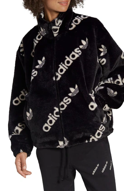 Adidas Originals Logomania Repeat Logo Faux Fur Jacket In Black