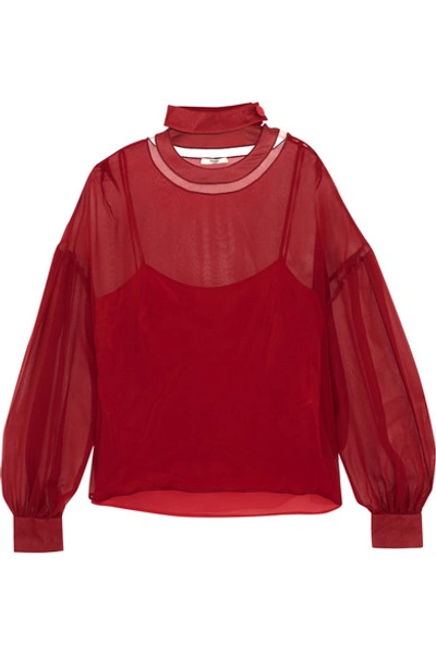 Fendi Cut-out Neck Silk-chiffon Blouse In Red
