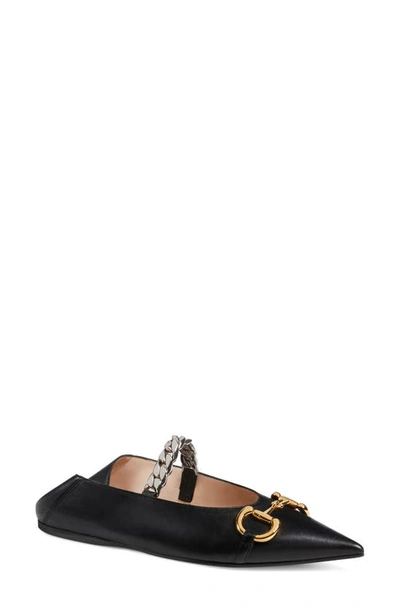 Gucci Deva Horsebit & Chain Convertible Pointed Toe Ballet Flat In Black