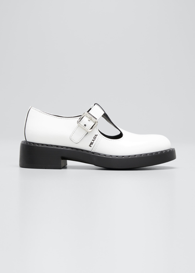 Prada Brushed-leather Mary Jane T-strap Shoes In White