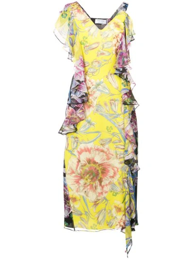 Prabal Gurung Asymmetric Cold-shoulder Silk Midi Dress In Floral