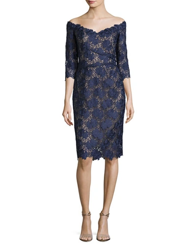 Liancarlo Floral Guipure Lace Off-the-shoulder Cocktail Dress, Marine
