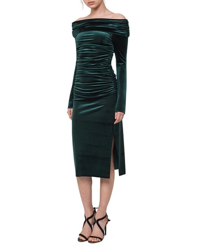 Akris Ruched Off-the-shoulder Velvet Midi Dress In Green