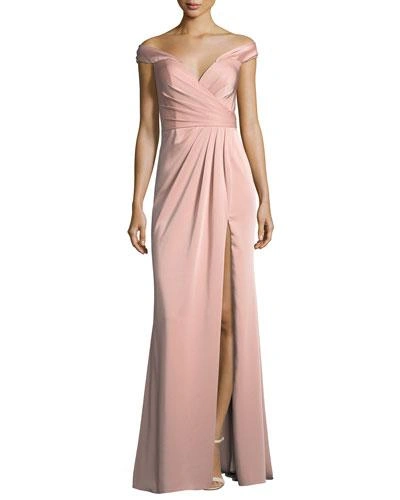 Faviana Off-the-shoulder Column Faille Satin Evening Gown In Pink
