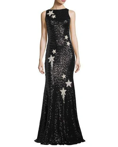 Theia Sleeveless Star-embellished Sequin Evening Gown In Black