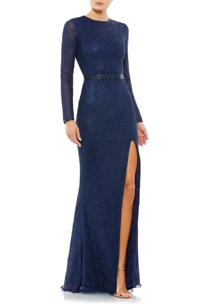 Mac Duggal Bugle Bead Long-sleeve Column Gown In Midnight