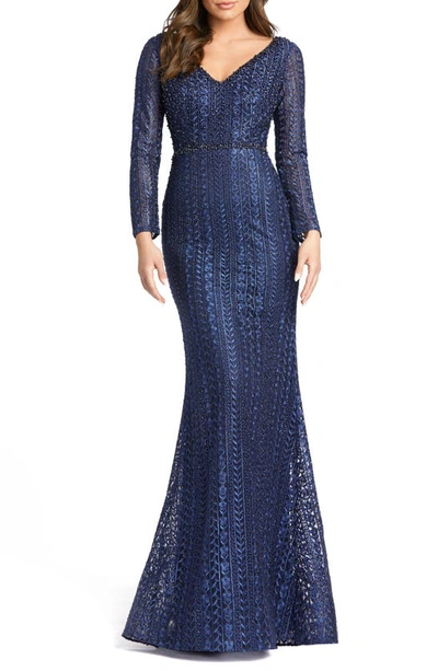 Mac Duggal Embroidered Long Sleeve V Neck Trumpet Gown In Midnight