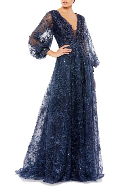 Mac Duggal Embellished Plunge Neck Puff Sleeve A-line Gown In Midnight