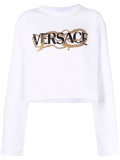 Versace White Logo Chain Cropped Sweatshirt