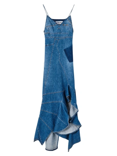Loewe Asymmetric Cotton Denim Midi Dress In Blu
