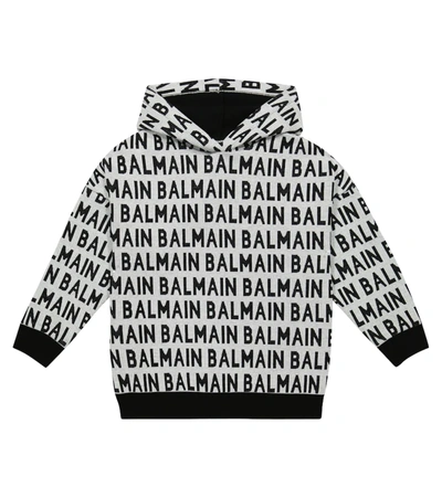 Balmain Kids' Logo Jacquard Cotton Hoodie In White