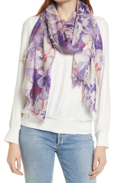 Nordstrom Eyelash Trim Print Cashmere & Silk Wrap In Purple Bloom Painted Petals