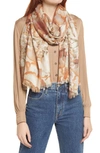 Nordstrom Eyelash Trim Print Cashmere & Silk Wrap In Tan Biscuit Painted Petals