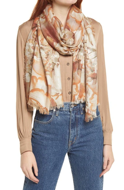 Nordstrom Eyelash Trim Print Cashmere & Silk Wrap In Tan Biscuit Painted Petals
