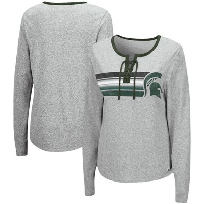 Colosseum Women's  Heathered Gray Michigan State Spartans Sundial Tri-blend Long Sleeve Lace-up T-shi