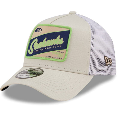 New Era Men's  Khaki, White Seattle Seahawks Happy Camper A-frame Trucker 9forty Snapback Hat In Khaki,white