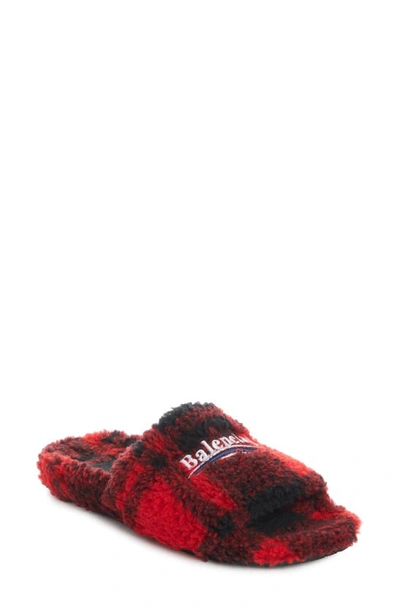 Balenciaga Faux Fur Slipper In Red/ Black