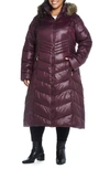 Gallery Hooded Maxi Puffer Coat With Faux Fur Trim In Port