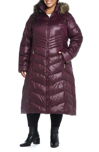 Gallery Hooded Maxi Puffer Coat With Faux Fur Trim In Port