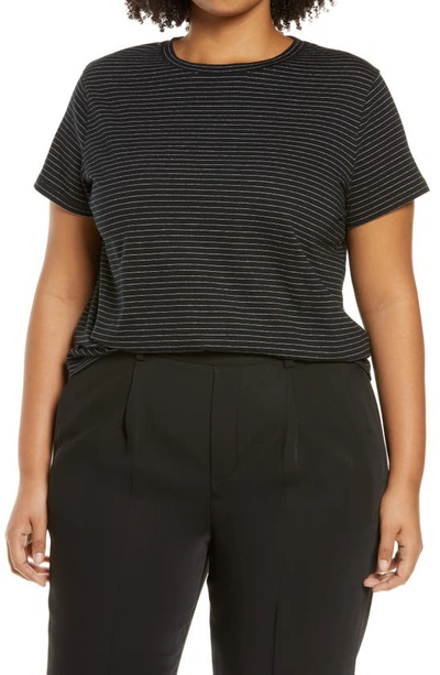 Shop Vince Neppy Stripe Cotton & Linen T-shirt In Black/ Light Soy