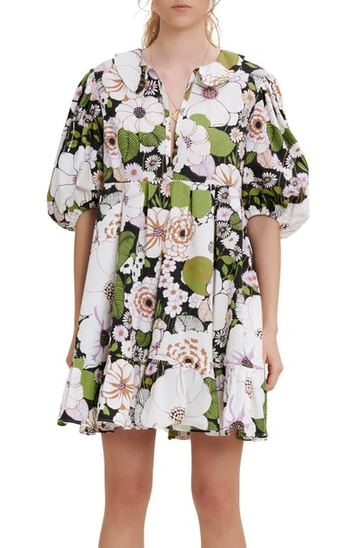 Maje Rafleur Floral-print Cotton Mini Dress In Flower 70's Black /