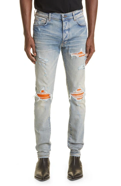 Amiri Mx1 Cracked Paint Leather Patch Ripped Skinny Jeans In Blue
