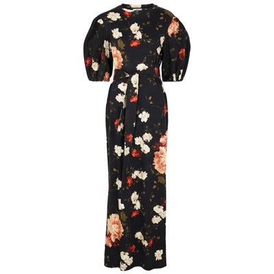 Erdem Sarah Sitwell Bloom Floral Print Puff Sleeve Dress In Black