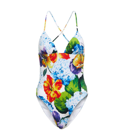 Dolce & Gabbana 印花平纹针织交叉肩带泳衣 In Multicolour